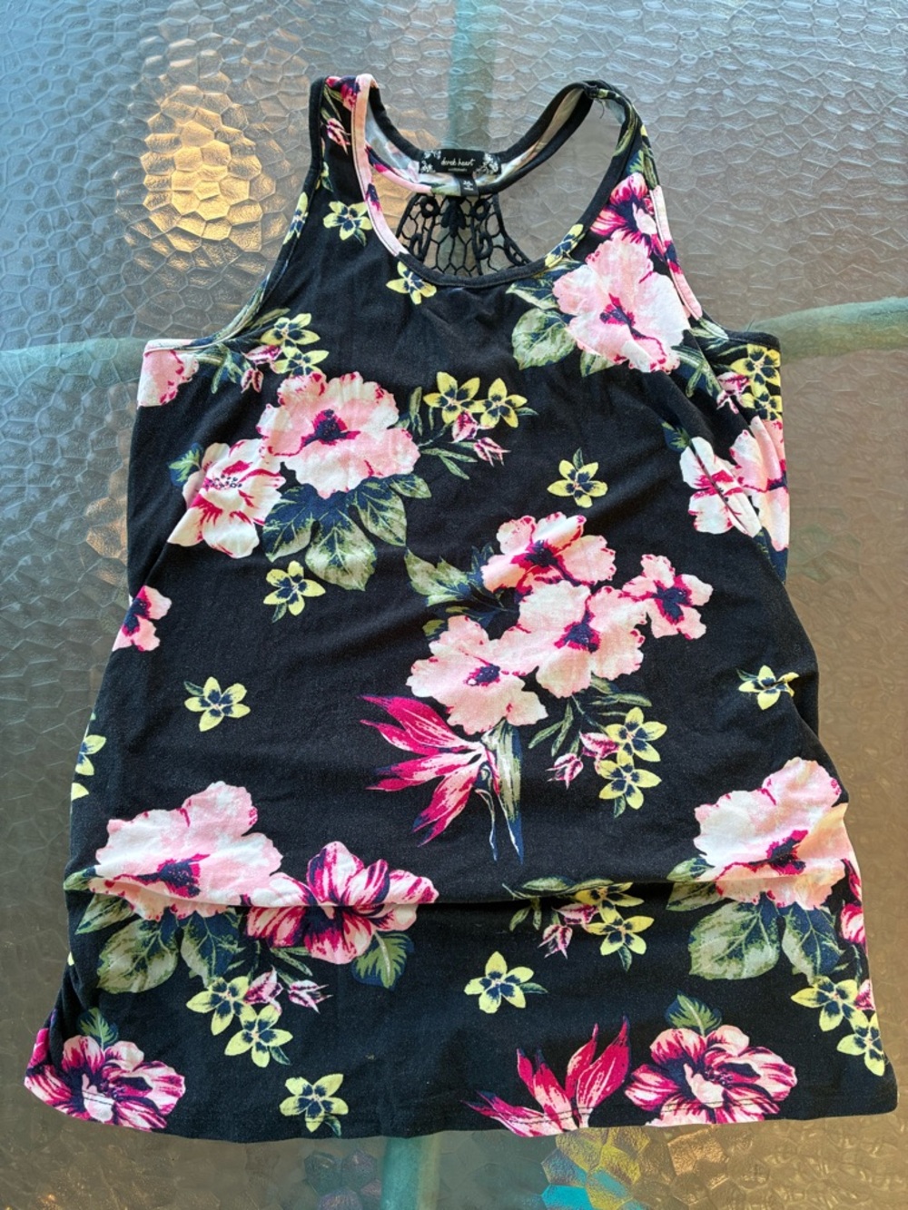 Floral Racerback Tank Top with Lace on upper back - Black & Pink - maternity